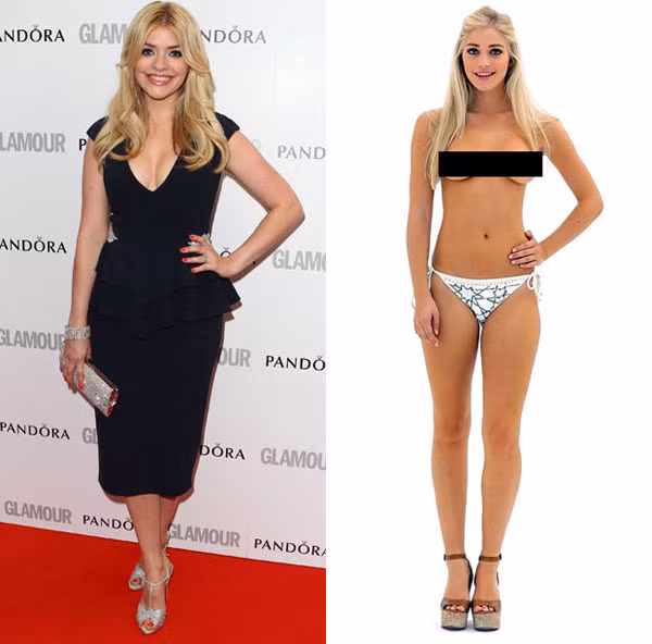 Holly Willoughby (trái), người dẫn chương trình truyền hình nổi tiếng của Anh với bản sao là một người mẫu ảnh khiêu dâm, Nicole, 20 tuổi, từ Bournemouth. Holly Willoughby (trái), người dẫn chương trình truyền hình nổi tiếng của Anh với bản sao là một người mẫu ảnh khiêu dâm, Nicole, 20 tuổi, từ Bournemouth.