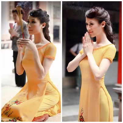 Thái Hà dịu dàng với tóc tết và áo dài cổ tròn xinh xắn