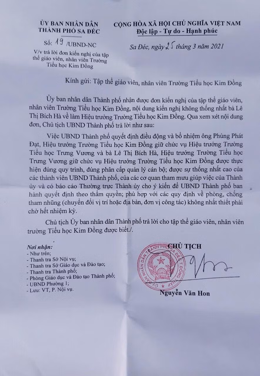 Ủy ban nhân dân Thành phố Sa Đéc trả lời đơn kiến nghị của Tập thể giáo viên, nhân viên tiểu học Kim Đồng.