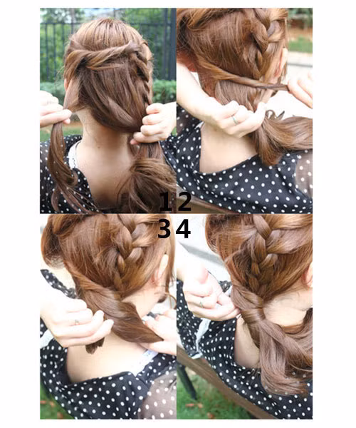Kiểu 4: Tiếp tục từ kiểu tóc thứ 3, chỉ trừ lại một phần tóc nhỏ bên mang tai trái, còn lại gộp vào cùng tết tóc vừa hoàn thành. Dùng phần tóc trừ lại bên tai trái cuốn quanh phần tóc kia như một sợi dây để giữ chặt phần tóc. Xem thêm: Những kiểu tóc cực xinh cho bạn gái ngày hè.
