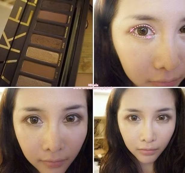 Chú ý với mí mắt trên đánh theo hướng từ hốc mắt đến đuôi mắt, nhưng với mí mắt dưới lại đánh theo hướng từ đuôi mắt vào trong. (Ảnh: thelady) Xem thêm: Cận cảnh: Sao Hàn "thăng hạng nhan sắc" nhờ trang điểm và phẫu thuật