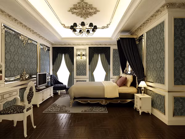 Toàn bộ đồ nội thất được làm từ khung gỗ sồi, hồ đào chắc chắn, tẩm sấy kỹ càng chống mối mọt, sơn PU nhiều lớp chống co ngót, cong vênh và sơn hoàn thiện màu trắng, chất liệu bọc là da cao cấp.