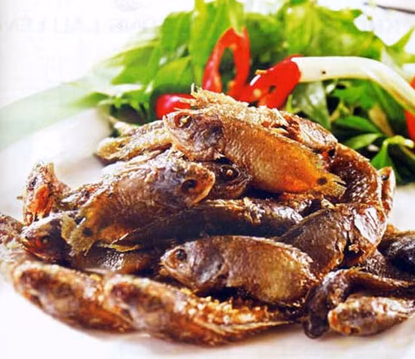9. Cá rô non chiên giòn Vào thời điểm đầu mùa nước nổi, tuyệt nhất là món cá rô chiên giòn chấm với nước mắm chua ngọt hoặc nước mắm tỏi ớt. Cá rô tuy xương nhiều nhưng còn non, chiên lên có thể ăn luôn cả xương, nhai giòn rụm. Ăn cá rô, cá linh non chiên giòn, khách no bụng mà không hay. Món này ăn kèm với rau sống hoặc bông điên điển trộn gỏi.