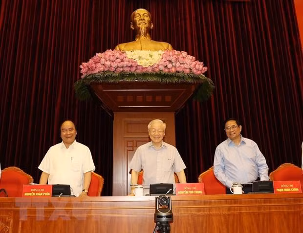 Tổng Bí thư Nguyễn Phú Trọng và các vị lãnh đạo Đảng, Nhà nước chủ trì hội nghị. (Ảnh: Trí Dũng/TTXVN)