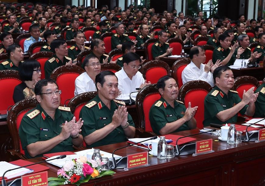 Các đồng chí lãnh đạo Bộ Quốc phòng dự hội nghị. (Ảnh: Trọng Đức/TTXVN) Các đồng chí lãnh đạo Bộ Quốc phòng dự hội nghị. (Ảnh: Trọng Đức/TTXVN)