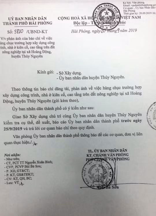 Công văn của Ủy ban nhân dân thành phố Hải Phòng chỉ đạo Sở Xây dựng, Ủy ban nhân dân huyện Thủy Nguyên kiểm tra cụ thể việc xây dựng trên đất nông nghiệp tại xã Hoàng Động (Ảnh: Lã Tiến)