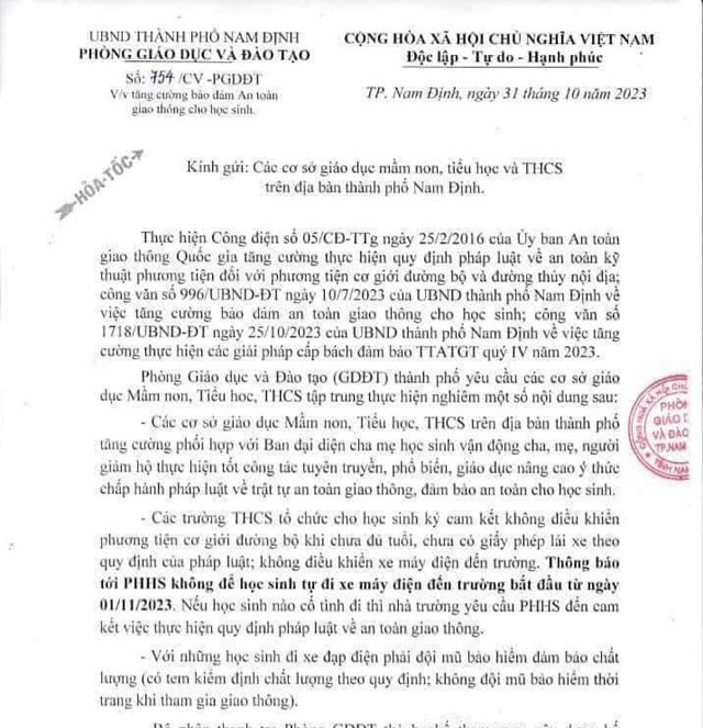 Công văn được ông Nguyễn Thế Lâm, Trưởng phòng Giáo dục và Đào tạo thành phố Nam Định ký vào ngày 31/10 . (Ảnh: cắt màn hình) Công văn được ông Nguyễn Thế Lâm, Trưởng phòng Giáo dục và Đào tạo thành phố Nam Định ký vào ngày 31/10 . (Ảnh: cắt màn hình)