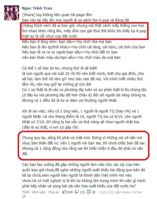 Dòng status gây tranh cãi trên trang cá nhân của Ngọc Trinh . Dòng status gây tranh cãi trên trang cá nhân của Ngọc Trinh .