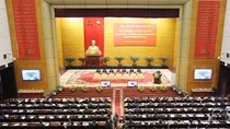 Tổng Bí thư Nguyễn Phú Trọng dự Hội nghị trực tuyến toàn quốc tổng kết công tác tổ chức xây dựng Đảng năm 2017, triển khai nhiệm vụ năm 2018. (Nguồn: TTXVN)