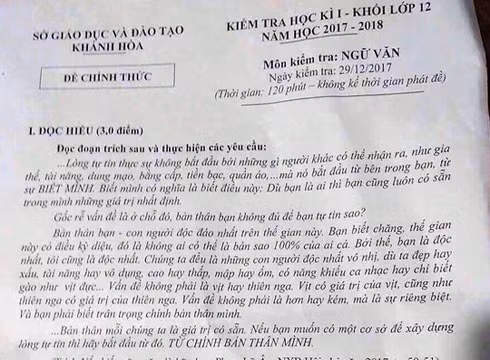 Do bị lộ đề, nên việc kiểm tra học kỳ 1 của tỉnh Khánh Hòa phải tiến hành lại hồi tháng 1 (ảnh: CTV)