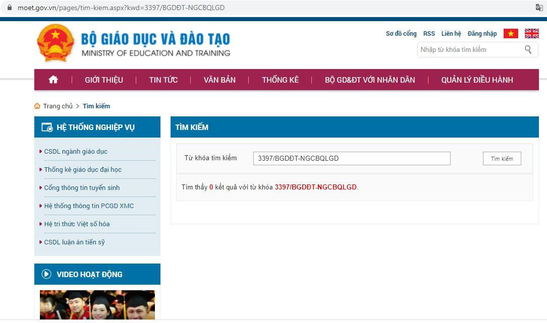 Ảnh chụp màn hình kết quả tìm kiếm Công văn 3397/BGDĐT-NGCBQLGD trên moet.gov.vn.