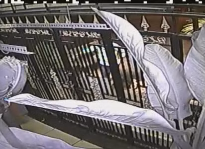 Hai tên trộm chó đang đứng trước cửa, tìm dụng cụ để kéo chuồng chó