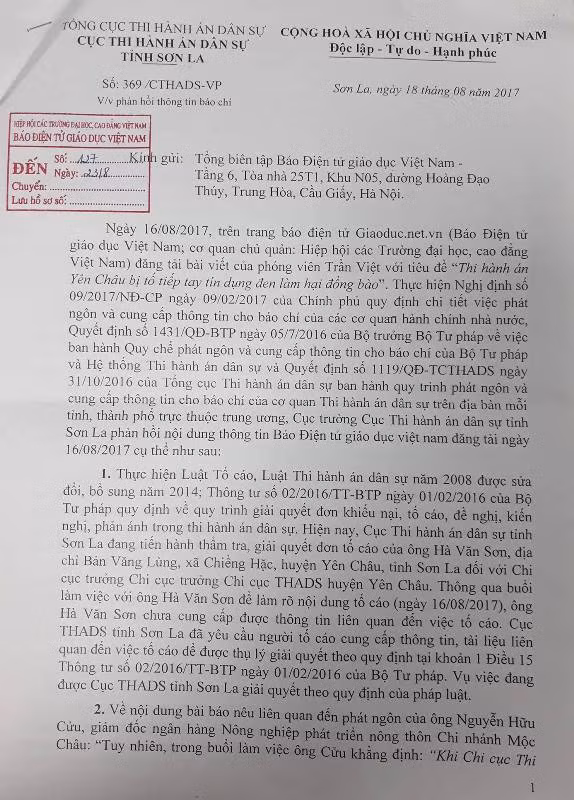Công văn về việc phản hồi thông tin báo chí của Cục Thi hành án dân sự tỉnh Sơn La gửi Báo Điện tử Giáo dục Việt Nam có nhiều vấn đề không thuộc thẩm quyền. Ảnh Trần Việt.