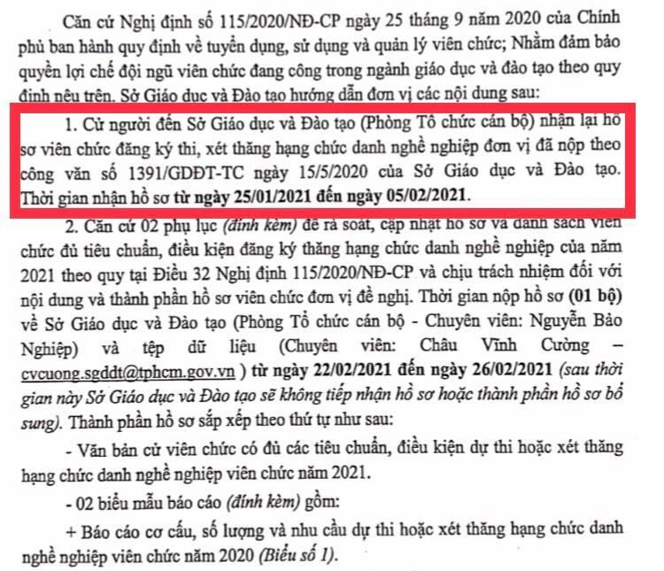 Văn bản thông báo bổ túc hồ sơ thăng hạng sau 9 tháng giáo viên mỏi mòn chờ đợi. (Ảnh do tác giả cung cấp)