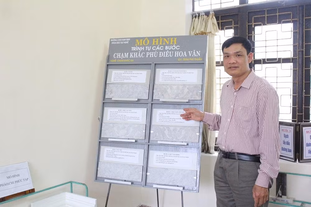 Thầy Trần Phú Thuần – Phó Khoa Đào tạo nghề, Trường Cao đẳng Xây dựng Nam Định giới thiệu cho phóng viên về mô hình của một môn học mà không nơi đâu có. Ảnh: Trung Dũng Thầy Trần Phú Thuần – Phó Khoa Đào tạo nghề, Trường Cao đẳng Xây dựng Nam Định giới thiệu cho phóng viên về mô hình của một môn học mà không nơi đâu có. Ảnh: Trung Dũng
