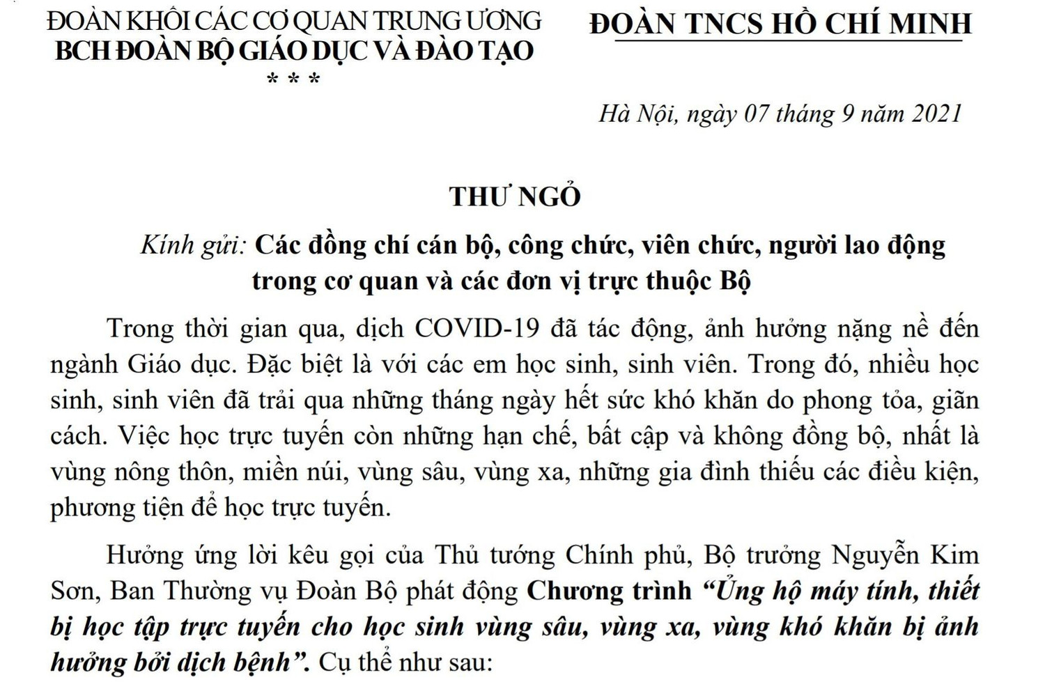 Thư ngỏ của Ban chấp hành Đoàn Bộ Giáo dục và Đào tạo (ảnh: T.L) Thư ngỏ của Ban chấp hành Đoàn Bộ Giáo dục và Đào tạo (ảnh: T.L)