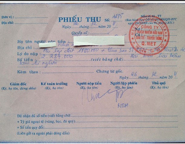 Phiếu thu dịch vụ lắp đặt truyền hình cáp của Q.net với 1 hộ dân tại chung cư N05