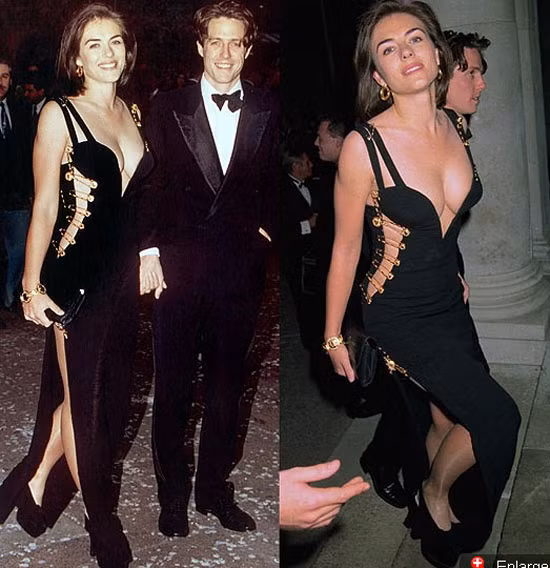 Liz Hurley trở thành ngôi sao tiệc đêm khi xuất hiện với chiếc váy “đính ghim” của Versace trong buổi ra mắt phim Bốn đám cưới và một đám ma năm 1994. Xem thêm: "Khai quật" vẻ đẹp thời xa vắng của Hoa đán Củng Lợi
