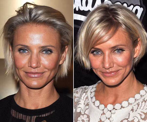Kiểu tóc hất ngược ra sau phô toàn bộ gương mặt khiến Cameron Diaz trông vừa già, vừa cứng. Vẫn mái tóc ngắn với độ dài ấy, nữ diễn viên sẽ mềm mại và xinh đẹp hơn nếu chải tóc che bớt trán. Xem thêm: Không hớ hênh, Sao vẫn "ẵm danh" phản cảm