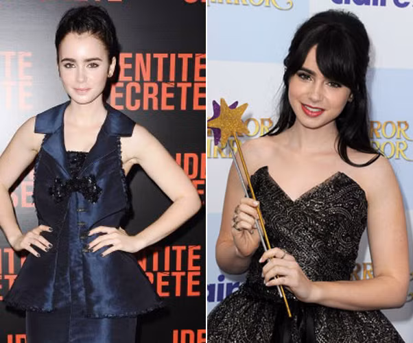 "Nàng bạch tuyết" Lily Collins quay ngoắt từ hình ảnh "U40" sang thiếu nữ nhờ thay đổi kiểu tóc và trang phục. Không khó để nhận ra rằng các sao luôn trẻ hơn khi để tóc mái. Xem thêm: Không hớ hênh, Sao vẫn "ẵm danh" phản cảm