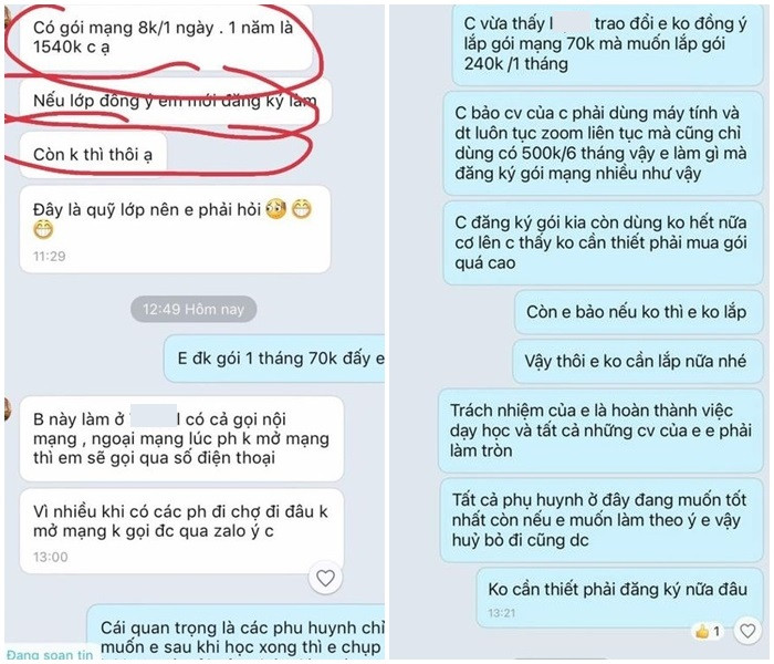 Giáo viên chủ nhiệm muốn phụ huynh đăng ký gói mạng 240.000 đồng/ tháng để gửi bài tập qua Zalo. Ảnh chụp màn hình.