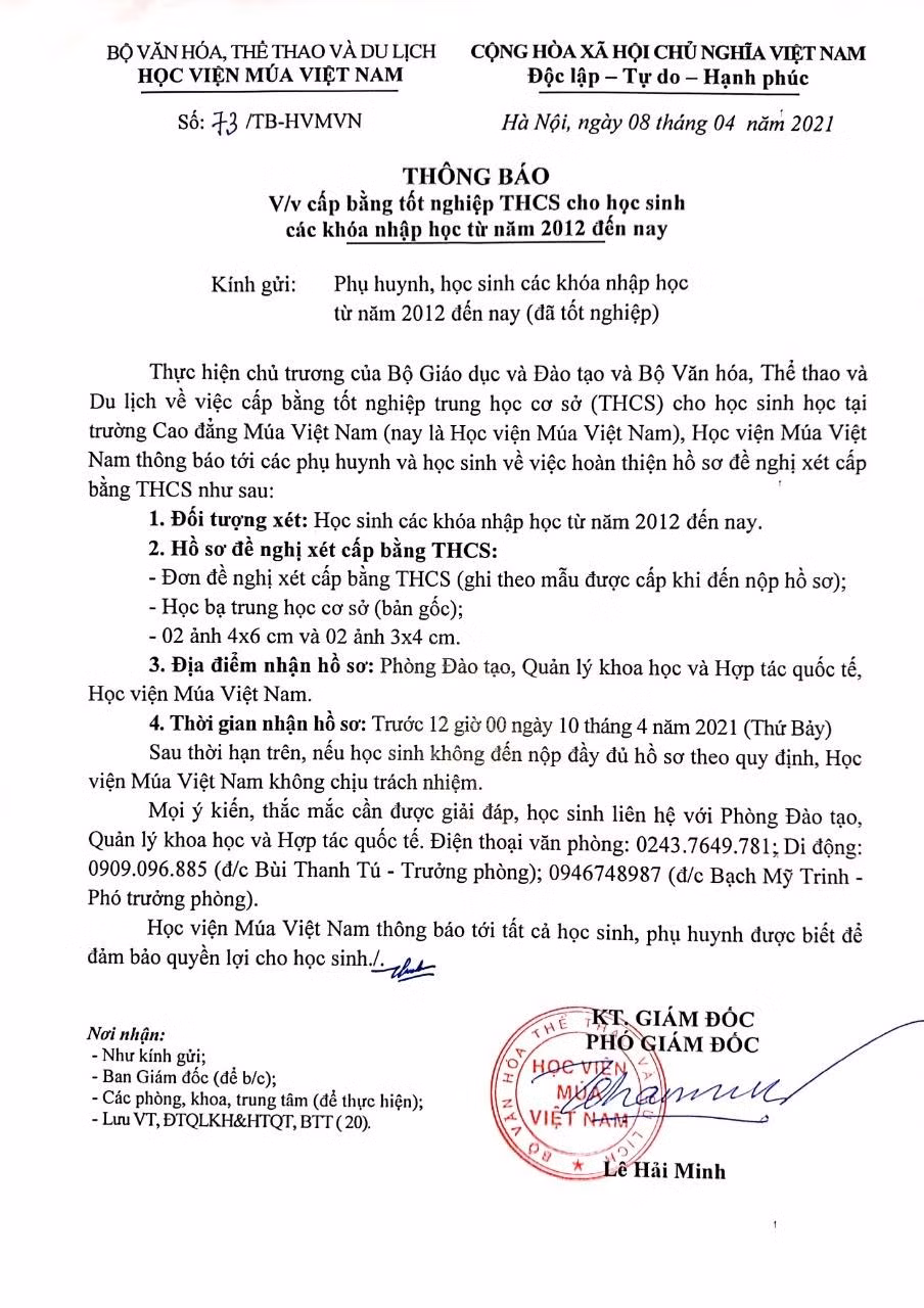 Thông báo của Học viện Múa Việt Nam nhằm triển khai việc cấp bằng trung học cơ sở cho học sinh