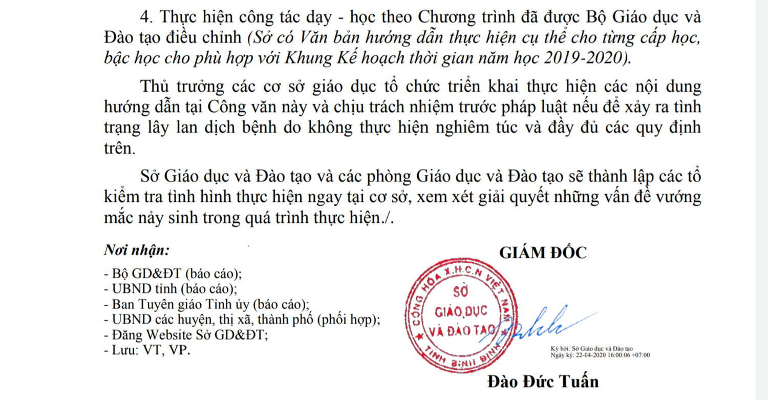 Công văn về việc cho học sinh sớm trở lại trường của Sở Giáo dục và Đào tạo tỉnh Bình Định. Ảnh: AP