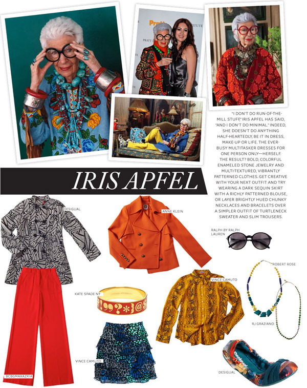 Luôn xuất hiện màu mè như "con vẹt", có phần hơi đồng bóng, song Iris Apfel lại không gây khó chịu cho người xung quanh. Ngược lại, nhiều chuyên gia còn trầm trồ khen ngợi style cực kỳ có gu của người phụ nữ sinh năm 1921 này.