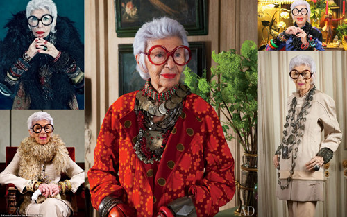 Nói về thời trang, cụ bà Iris Apfel có gu ăn mặc độc đáo, màu mè có phần hơi lập dị. Trong suốt nhiều thập kỷ qua, cụ đã theo đuổi một style màu mè rất riêng. Nó đặc biệt đến nỗi, chỉ cần nhìn sau lưng mọi người cũng đã nhận ra đó là bà cụ điệu đà Iris Apfel. Bà cực kỳ yêu thích màu sắc, phụ kiện "bảy sắc cầu vòng" và kính mắt to tròn.