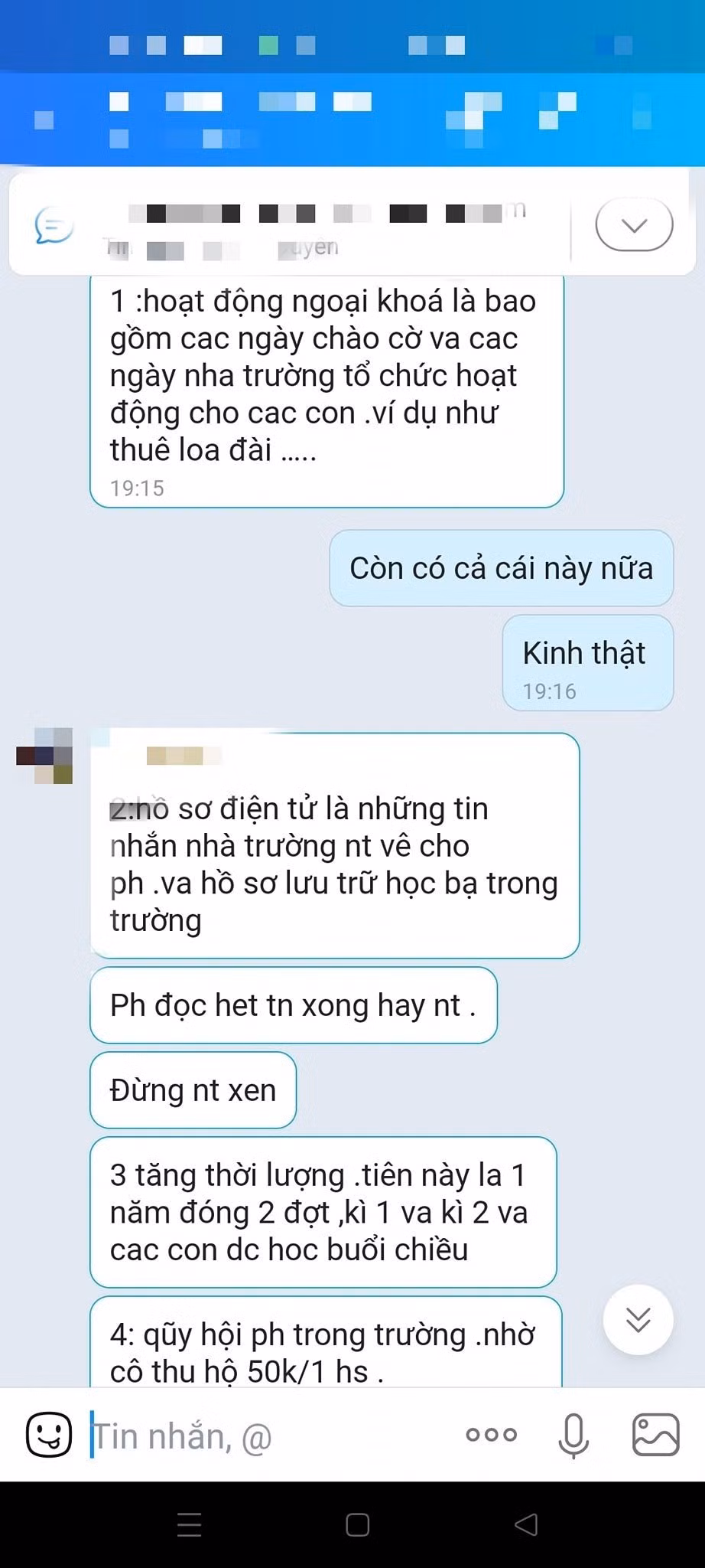 Giáo viên thông báo các khoản thu nêu ra việc đóng góp tiền cho hoạt động ngoại khoá, trong đó nhắc đến việc thuê loa đài cho hoạt động chào cờ. Ảnh: Phụ huynh cung cấp