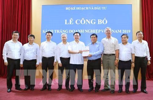 Phó Thủ tướng Vương Đình Huệ với các đại biểu dự Lễ công bố Sách trắng doanh nghiệp Việt Nam năm 2019. Ảnh: TTXVN