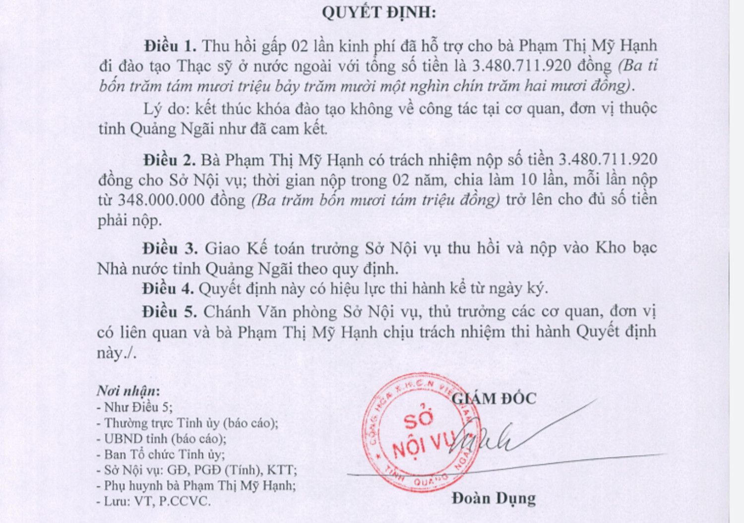 Du học bằng ngân sách không về, con 4 cán bộ ở Quảng Ngãi bồi hoàn 1,1 tỷ đồng