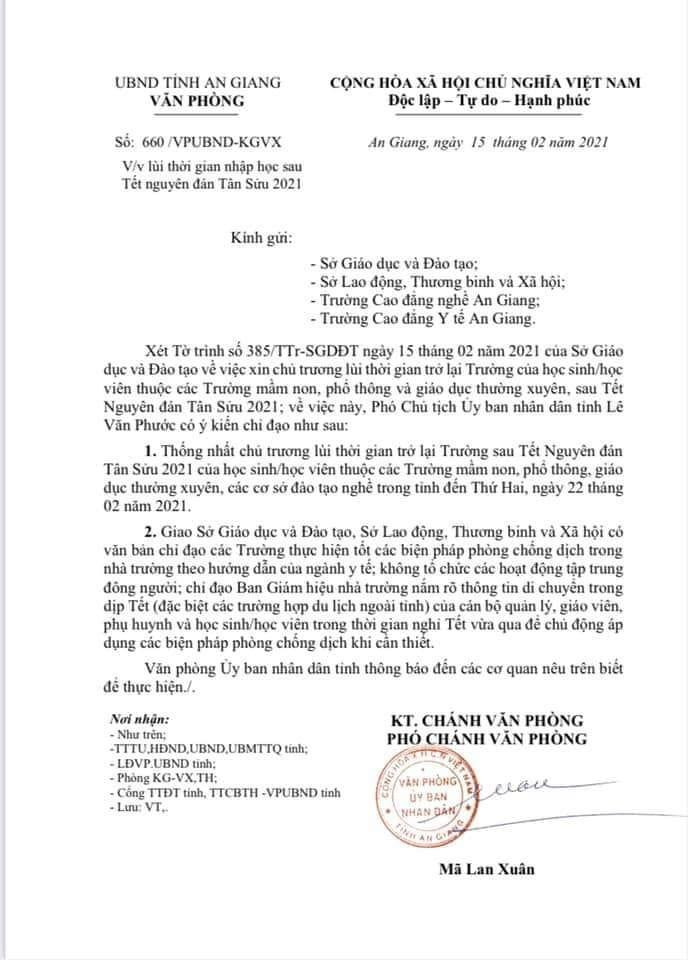 Công văn số 660 /VPUBND-KGVX của Ủy ban nhân dân tỉnh An Giang (Ảnh: Khánh Văn) Công văn số 660 /VPUBND-KGVX của Ủy ban nhân dân tỉnh An Giang (Ảnh: Khánh Văn)