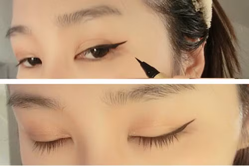 Để mắt thêm sắc sảo thì bạn dùng bút chì kẻ nước màu đen kẻ trước cho phần đuôi mắt vếch ngược vè phía sau