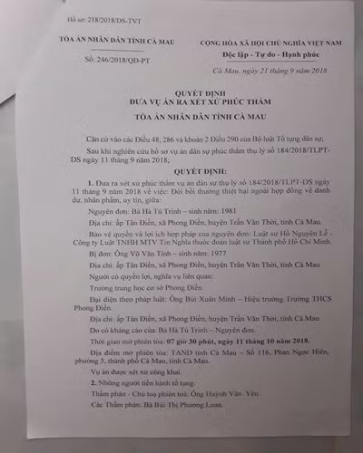 Quyết định đưa ra xét xử vụ kiện dân sự của cô Hà Tú Trinh tại Tòa án tỉnh Cà Mau (ảnh: P.L) Quyết định đưa ra xét xử vụ kiện dân sự của cô Hà Tú Trinh tại Tòa án tỉnh Cà Mau (ảnh: P.L)