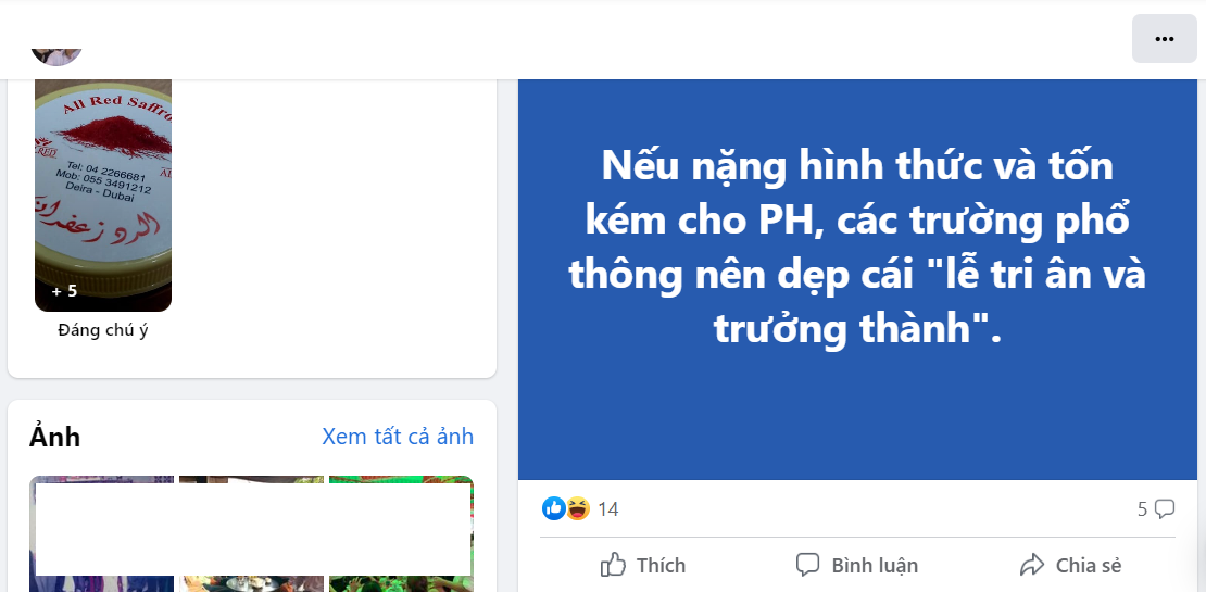 Ảnh chụp màn hình chia sẻ của phụ huynh trên mạng xã hội
