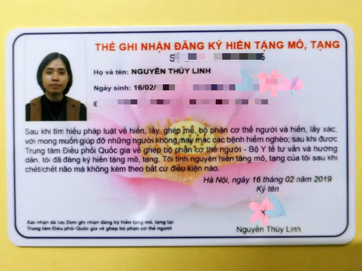 Thẻ đăng ký ghi nhận hiến tặng mô, tạng. Ảnh NVCC Thẻ đăng ký ghi nhận hiến tặng mô, tạng. Ảnh NVCC