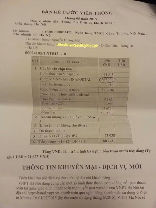 Bản kê cước viễn thông ttháng 5 của ông Mai phát sinh 367.236 đồng Bản kê cước viễn thông ttháng 5 của ông Mai phát sinh 367.236 đồng