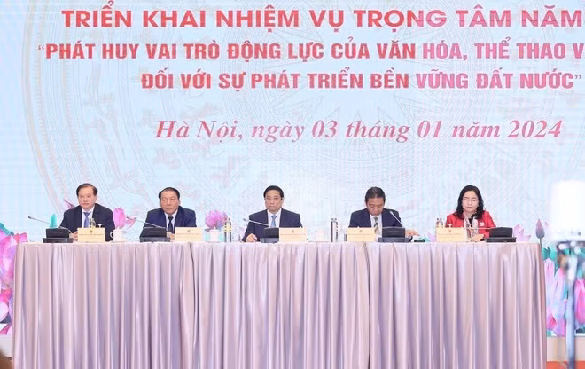 Thủ tướng Phạm Minh Chính và lãnh đạo Bộ Văn hóa, Thể thao và Du lịch chủ trì hội nghị. (Ảnh: Dương Giang/TTXVN) Thủ tướng Phạm Minh Chính và lãnh đạo Bộ Văn hóa, Thể thao và Du lịch chủ trì hội nghị. (Ảnh: Dương Giang/TTXVN)