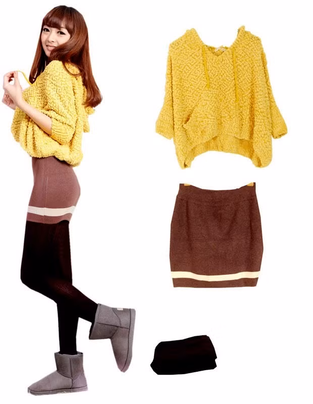 Bộ 8: Đơn giản nhưng vẫn đẹp và thời trang. Nếu muốn nổi bật hơn, bạn hãy đổi màu áo khoác sang đỏ hoặc tím hồng, thay vì màu vàng dịu dàng này.