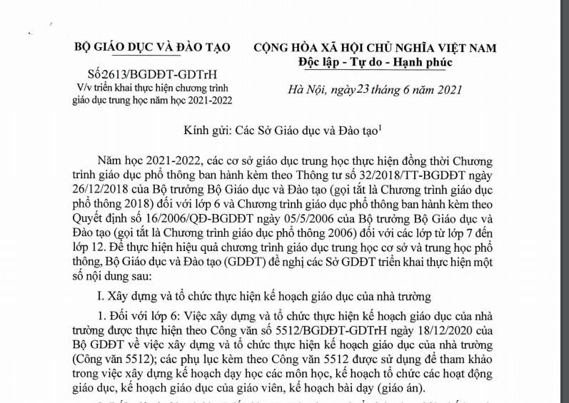 Ngày 23/6, Bộ Giáo dục và Đào tạo ban hành văn bản số 2613/BGDĐT-GDTrH (ảnh chụp tài liệu) Ngày 23/6, Bộ Giáo dục và Đào tạo ban hành văn bản số 2613/BGDĐT-GDTrH (ảnh chụp tài liệu)