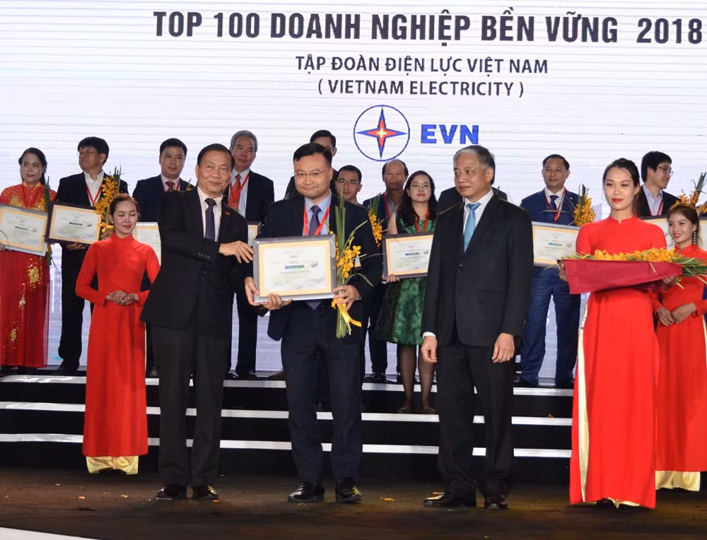 Tập đoàn điện lực Việt Nam được vinh danh tại Lễ công bố Doanh nghiệp bền vững tại Việt Nam năm 2018. Ảnh: EVN.