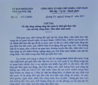 Chỉ thị do UBND tỉnh Quảng Trị vừa ban hành (Ảnh: Nguyễn Tuấn)
