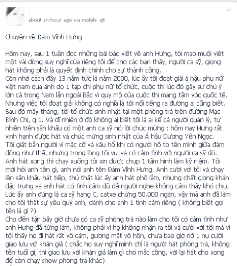 Chia sẻ của Dương Yến Ngọc trên trang cá nhân.