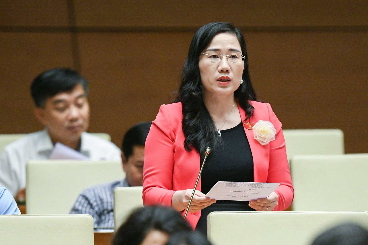 Đại biểu Quốc hội Nguyễn Thị Thủy - Đoàn Đại biểu Quốc hội tỉnh Bắc Kạn chất vấn tại hội trường. Ảnh: quochoi.vn.