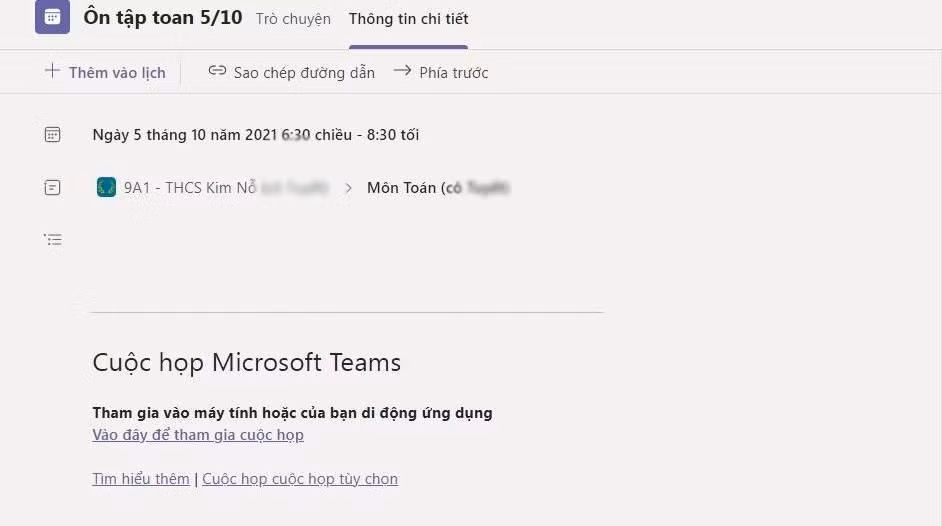 Lịch học thêm của môn Toán có cụ thể ngày giờ được tạo sẵn trên ứng dụng học trực tuyến có mốc thời gian kết thúc vào buổi tối. Ảnh: Phụ huynh cung cấp Lịch học thêm của môn Toán có cụ thể ngày giờ được tạo sẵn trên ứng dụng học trực tuyến có mốc thời gian kết thúc vào buổi tối. Ảnh: Phụ huynh cung cấp