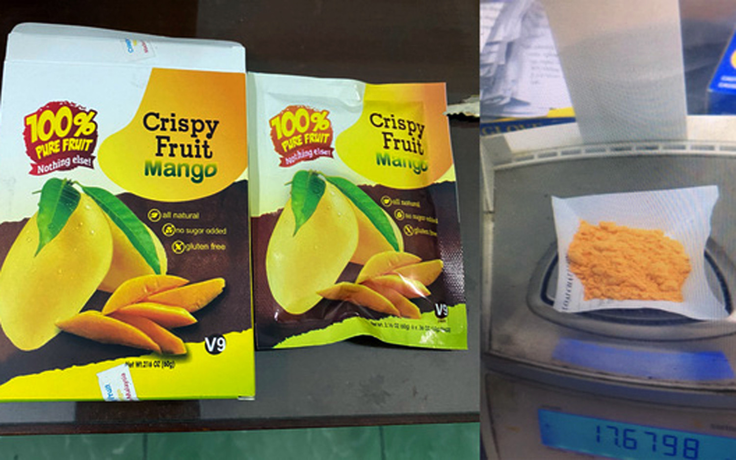 Loại ma túy mới tên Bromazepam ngụy trang trong gói nilông có dòng chữ 'Crispy Fruit Mango', còn gọi là nước xoài, trong chứa bột màu vàng. Ảnh: CA.
