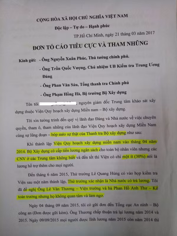Đơn thư của ông T.T.N đã nhiều lần gửi lên Bộ Xây dựng, ttheo ông N. việc thanh tra của Đoàn Thanh tra Bộ Xây dựng chưa khách quan, rõ ràng. (ảnh Lê Minh)