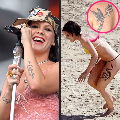Pink, nữ ca sĩ từng đoạt giải Grammy sở hữu hình xăm một con rồng ở phía vế đùi trái, một thiên thần ở vai trái và một con ngựa ở phía bên vai phải. Trên cánh tay phải của Pink có dòng chữ “Sir Corky Moore” để tưởng nhớ đến chú chó thân yêu chung sống 14 năm cùng nữ ca sĩ và đã qua đời năm 2003. Pink, nữ ca sĩ từng đoạt giải Grammy sở hữu hình xăm một con rồng ở phía vế đùi trái, một thiên thần ở vai trái và một con ngựa ở phía bên vai phải. Trên cánh tay phải của Pink có dòng chữ “Sir Corky Moore” để tưởng nhớ đến chú chó thân yêu chung sống 14 năm cùng nữ ca sĩ và đã qua đời năm 2003.