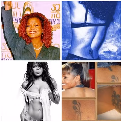 Nữ ca sĩ Janet Jackson sở hữu 5 hình xăm trên cơ thể, theo người đẹp tiết lộ thì hình xăm chuột Mickey và Minnie được cô chọn xăm ở vị trí khá nhạy cảm và kín đáo. Tiếp đó là những bông hoa nhỏ ở phía gáy và lưng, một biểu tượng của người Akan được gọi là sankofa ở tay phải. Nữ ca sĩ Janet Jackson sở hữu 5 hình xăm trên cơ thể, theo người đẹp tiết lộ thì hình xăm chuột Mickey và Minnie được cô chọn xăm ở vị trí khá nhạy cảm và kín đáo. Tiếp đó là những bông hoa nhỏ ở phía gáy và lưng, một biểu tượng của người Akan được gọi là sankofa ở tay phải.
